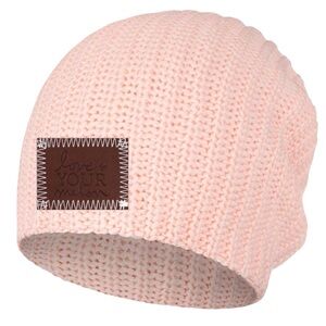 Love Your Melon Beanie – Light Pink Knit Winter Hat – Leather Patch – One Size